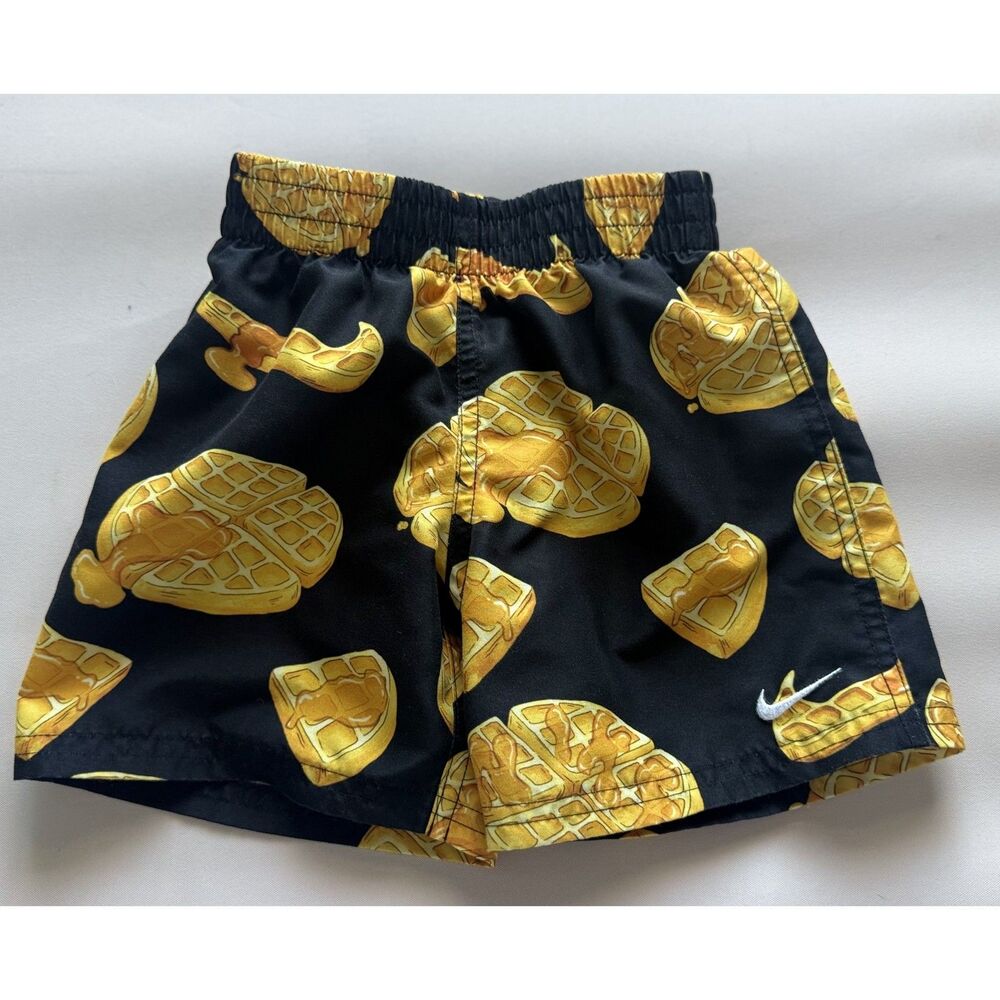 Nike Boys Size 4 XS Waffle Print Shorts Black Gold All Over Swoosh 3-4 Years